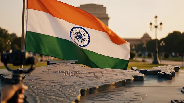 Vibrant Indian Flag Flies Over Historic Monument.