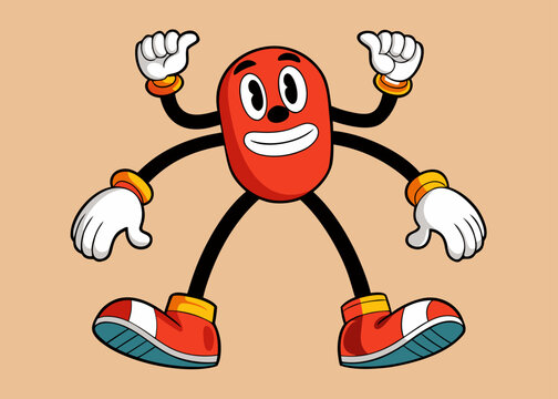 Retro cartoon capsule-shaped character with multiple arms and hands all showing thumbs up on a light brown background.