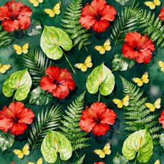 Vibrant tropical floral pattern with red hibiscus and yellow butterflies