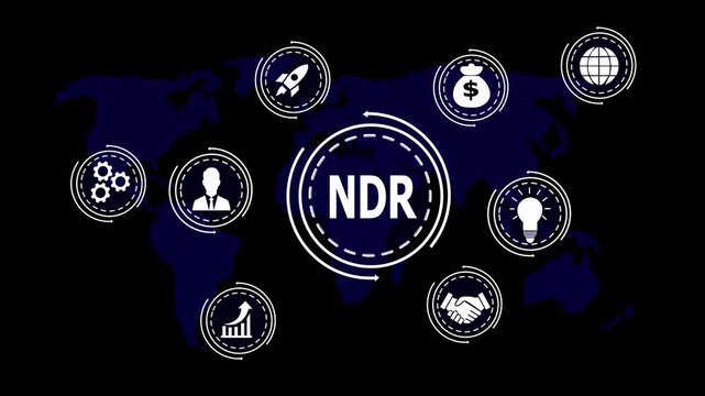 Global NDR concept with icons on world map and dark background net direct revenue business