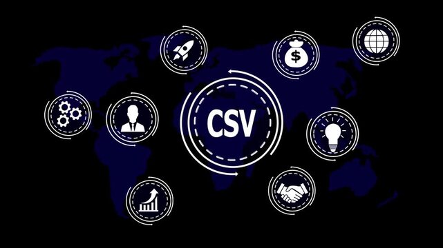 Global CSV concept with icons representing business and technology on a world map comma separated values