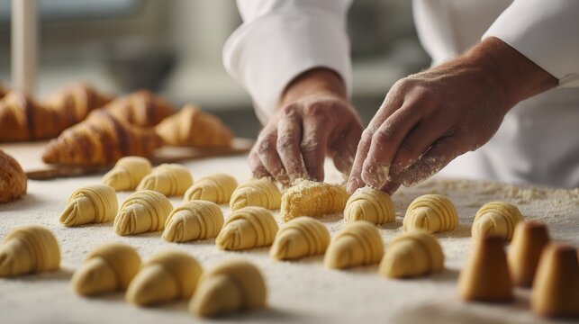 Artisan baker preparing fresh croissants in cozy kitchen setting