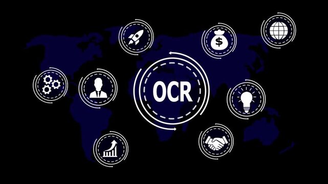 Global OCR concept with icons representing business and technology on a world map optical character recognition
