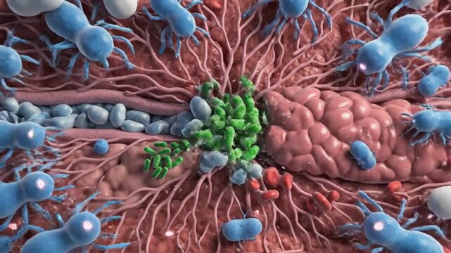 Microscopic view of diverse microorganisms, including bacteria and cells, interacting within a biological tissue, representing gut microbiome or cel...