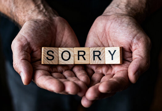 Person holding wooden tiles spelling sorry in cupped hands, expressing apology