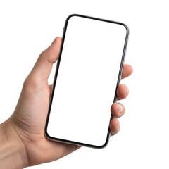 A hand holding a smartphone with a blank screen against a white background isolated on transparent background