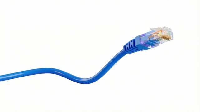 Close up view of blue ethernet network cable with rj45 connector on white background