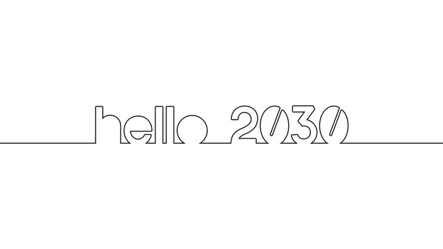 hello 2030 continuous one line art year numbers video clip. single one line art hello 2030 text word self hand drawing animation on white black background