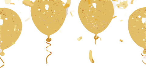 Golden balloons float against a dark background with scattered confetti © Dipu