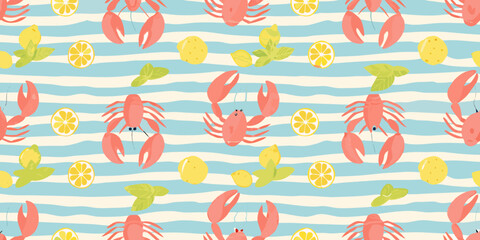 A playful pattern featuring lobsters lemons and mint leaves on stripes © Dipu