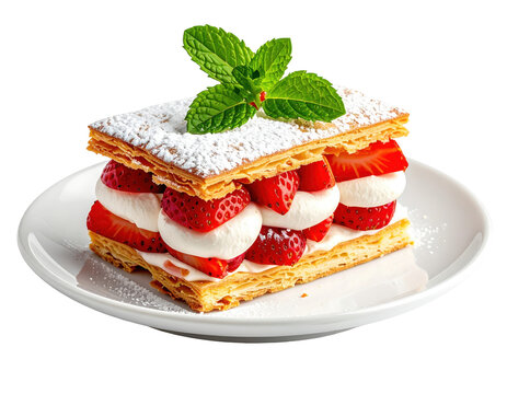 Exquisite Strawberry Mille-Feuille Pastry with Fresh Mint Garnish on White Plate