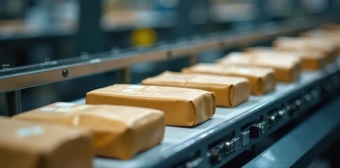 Fototapeta premium Sealed packages on a moving conveyor system, close-up, carton, texture, container