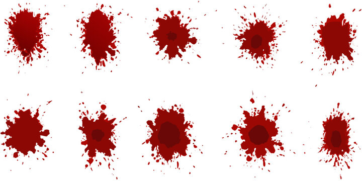 A collection of realistic blood splatter shapes and stains against white