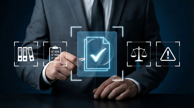 Businessman touching virtual interface ensuring company compliance with legal regulations and standards through digital audit and documentation verification processes for corporate safety