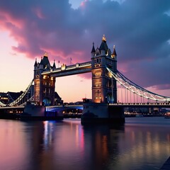 Obraz premium Serene twilight embraces Tower Bridge, the London skyline bathed in soft light , stock, city, illuminated