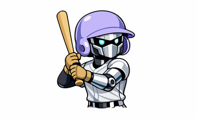 Naklejka premium Futuristic robotic baseball player ready to swing cartoon illustration