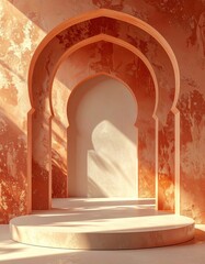 Architectural Archway With Textured Orange Walls And A Podium Stage Illuminated By Soft Sunlight Creating Dramatic Shadows And A Serene Ambiance