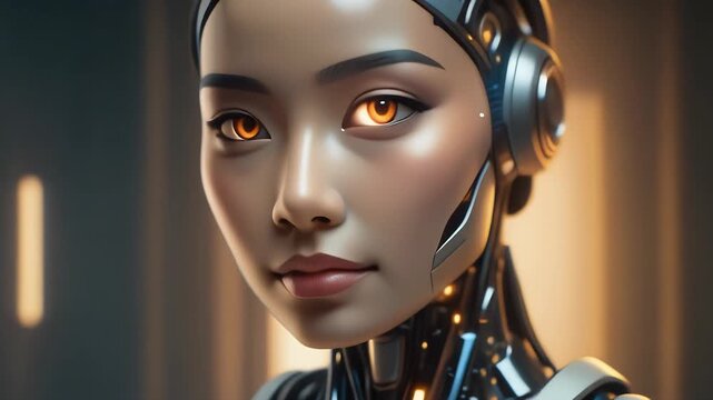 Futuristic AI robot woman with glowing orange eyes, illuminated by subtle digital light
