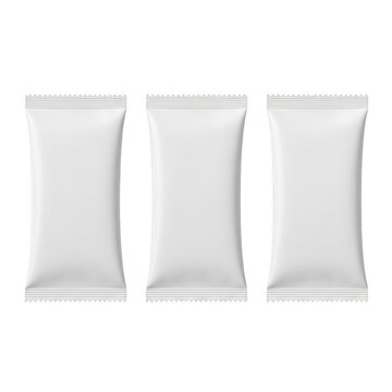 Three white plastic bags standing upright next to each other isolated on transparent background
