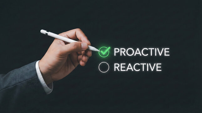 Hand of a businessman using a digital pen to check the proactive box instead of reactive for smart business strategy planning and forward thinking management