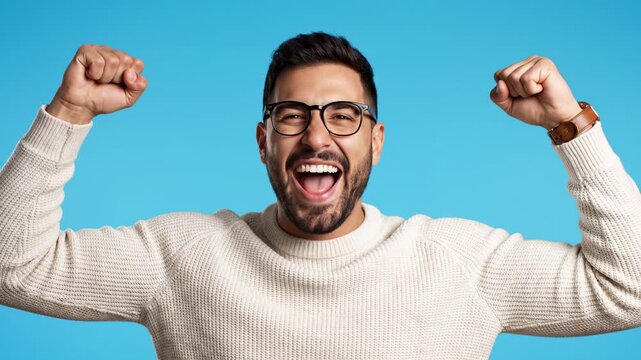 Ecstatic Man Celebrating Victory! Arms Raised in Pure Joy.