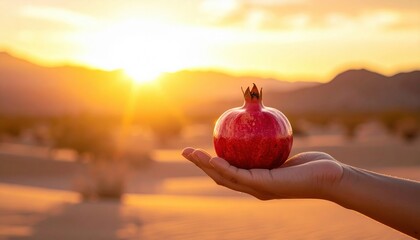 Hand holds a sparkling red pomegranate against a vibrant desert sunset with golden light illuminating sandy dunes and distant mountains creating a warm and magical atmosphere