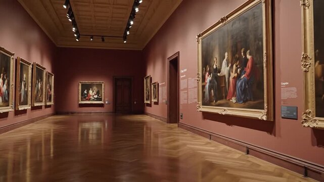 Elegant interior of an art gallery showcasing classical paintings in ornate frames with warm lighting and polished wooden flooring