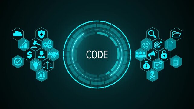 Futuristic CODE Digital Programming Interface with HUD Circle, Software Development Icons, Cyber Security and Technology Concept Abstract Motion Graphics Loop Background