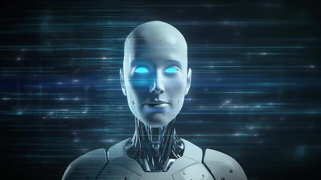 Advanced AI humanoid robot face with glowing blue eyes and digital data streams