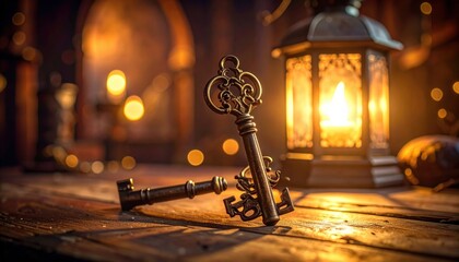 Ornate Antique Golden Keys Resting on a Wooden Table Beside a Lit Lantern with Soft Bokeh Lights in a Warmly Lit Interior