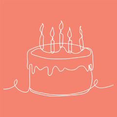 Minimalist White One Line Birthday Cake Illustration on Coral Background