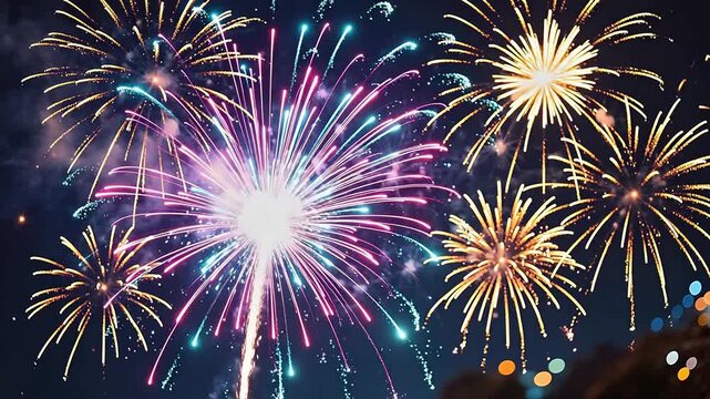 Colorful fireworks exploding in night sky