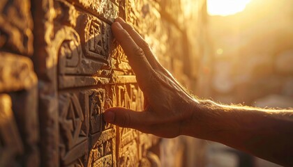 Warm Golden Sunlight Illuminates Ancient Stone Carvings as a Hand Gently Touches the Textured Surface