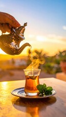 Warm Moroccan Mint Tea Poured From Ornate Metal Teapot Into Glass Cup Outdoors At Sunset With Golden Light and Steam Rising