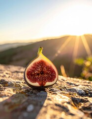 A Vibrant Half Fig Fruit With Juicy Red Seeds Sits On A Textured Rock With Golden Sunlight In The Background