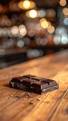 Artisan Dark Chocolate Bar With Visible Ingredients Resting On A Rustic Wooden Countertop With Warm Bokeh Lights In The Background