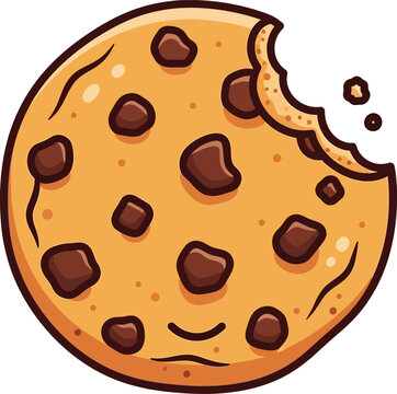 A cartoon chocolate chip cookie with a bite taken out.