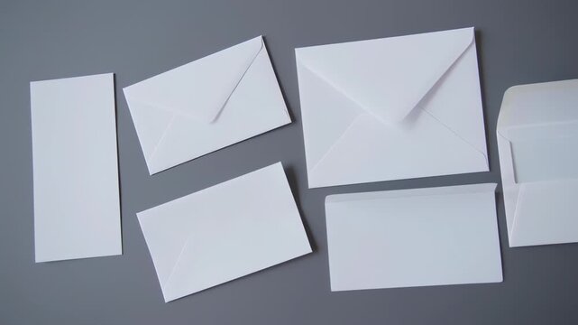 Several blank white envelopes and paper on a gray surface