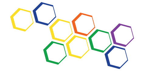 Colorful interconnected hexagonal outlines forming an abstract geometric pattern on a clean white background perfect for modern design concepts