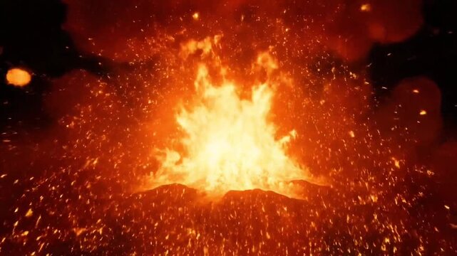 Explosive Volcanic Eruption with Glowing Lava and Fire Sparks at Night

