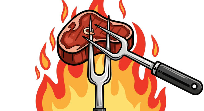 Grilled Steak on Fork over Flames Illustration.