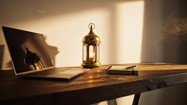 Serene workspace with open notebook and vintage lantern illuminated by warm sunlight in cozy indoor setting