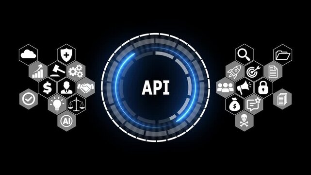 Futuristic API Digital Integration Interface with HUD Circle, Software Development and Cloud Technology Icons Abstract Motion Graphics Loop Background