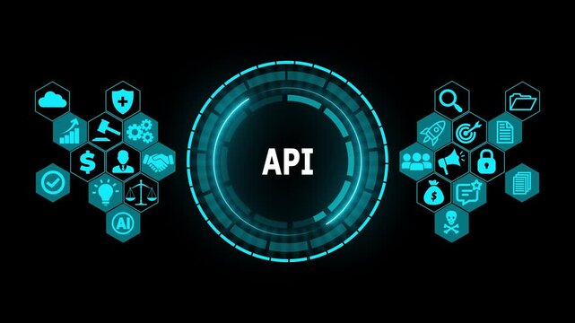Futuristic API Digital Integration Interface with HUD Circle, Software Development and Cloud Technology Icons Abstract Motion Graphics Loop Background