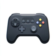 A glossy, dark grey video game controller with multi-colored buttons on a white background