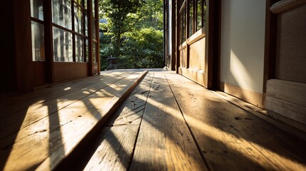 engawa. Wooden floorboards dividing shadowy interior and sunlit garden. travel magazines, destination branding, designed for travel destination branding, used by videographers.