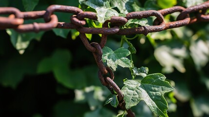 pronouncement. Thick rusted iron chains broken apart by vigorous green vines in natural light. ESG reports, sustainability campaigns, designed for sustainability communications and ESG reporting.