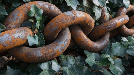 pronouncement. Thick rusted iron chains broken apart by vigorous green vines in natural light. ESG reports, sustainability campaigns, designed for sustainability communications and ESG reporting.