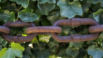 pronouncement. Thick rusted iron chains broken apart by vigorous green vines in natural light. ESG reports, sustainability campaigns, designed for sustainability communications and ESG reporting.