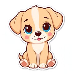Obraz premium Adorable Cute Puppy with Big Blue Eyes Sitting and Smiling, a Whimsical and Charming Cartoon Dog Illustration Perfect for Animal Lovers